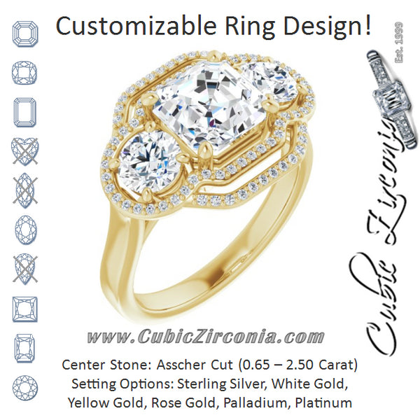 Cubic Zirconia Engagement Ring- The Fritzie (Customizable Cathedral-set Enhanced 3-stone Asscher Cut Design with Multidirectional Halo)