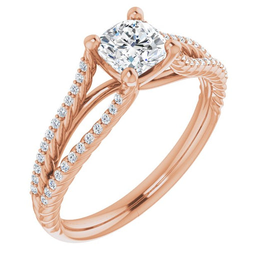 10K Rose Gold Customizable Cushion Cut Style with Split Band and Rope-Pavé