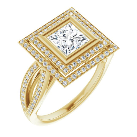 10K Yellow Gold Customizable Bezel-set Princess/Square Cut Style with Double Halo and Split Shared Prong Band