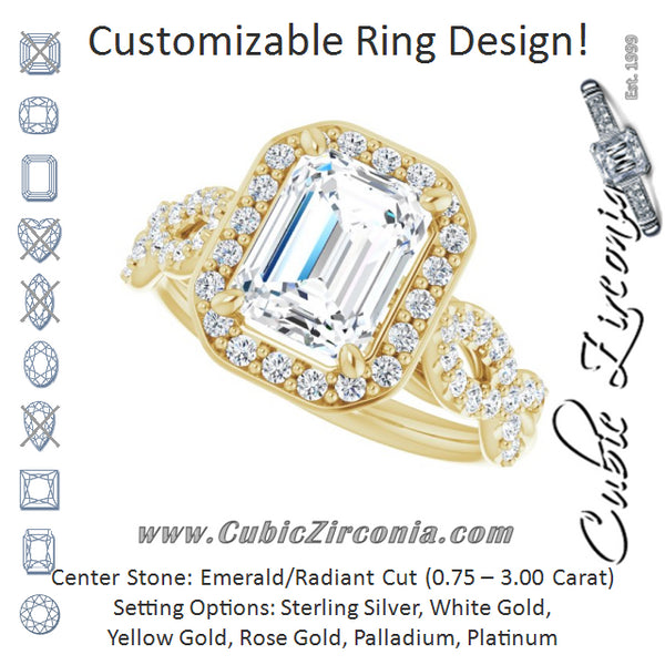 Cubic Zirconia Engagement Ring- The Jakayla (Customizable Cathedral-Halo Emerald Cut Design with Artisan Infinity-inspired Twisting Pavé Band)