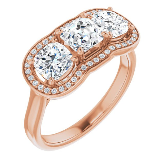 10K Rose Gold Customizable 3-stone Design with Asscher Cut Center, Cushion Side Stones, Triple Halo and Bridge Under-halo