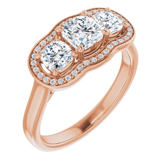 10K Rose Gold Customizable 3-stone Design with Cushion Cut Center, Cushion Side Stones, Triple Halo and Bridge Under-halo