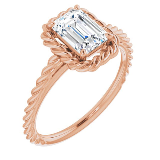 10K Rose Gold Customizable Cathedral-set Emerald/Radiant Cut Solitaire with Thin Rope-Twist Band