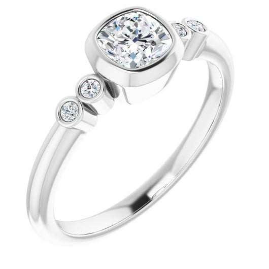 10K White Gold Customizable 5-stone Bezel-set Cushion Cut Design with Quad Round-Bezel Side Stones