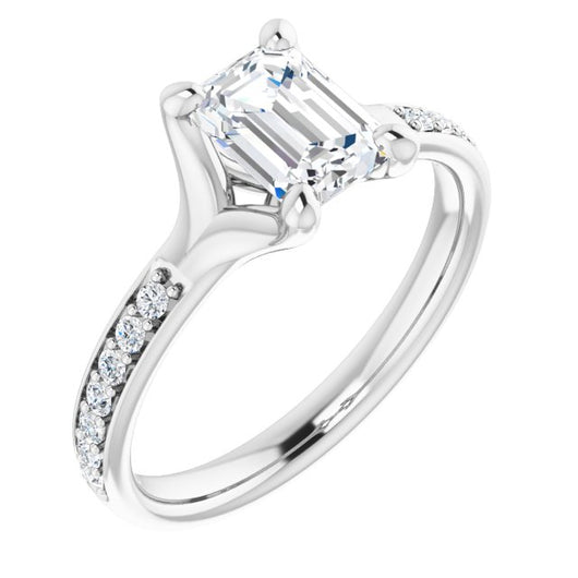 10K White Gold Customizable Heavy Prong-Set Emerald/Radiant Cut Style with Round Cut Band Accents