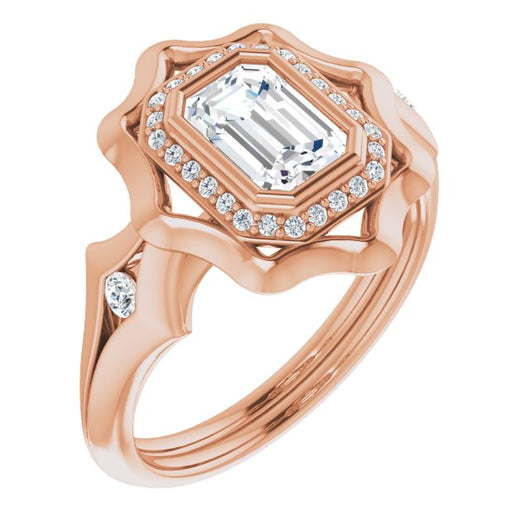 10K Rose Gold Customizable Bezel-set Emerald/Radiant Cut with Halo & Oversized Floral Design