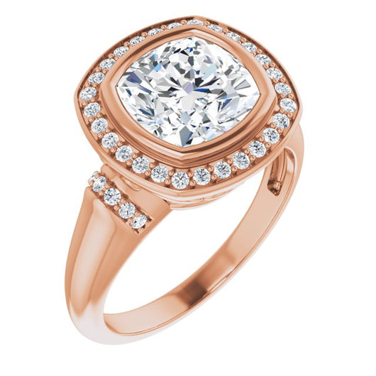 10K Rose Gold Customizable Bezel-set Cushion Cut Design with Halo and Vertical Round Channel Accents