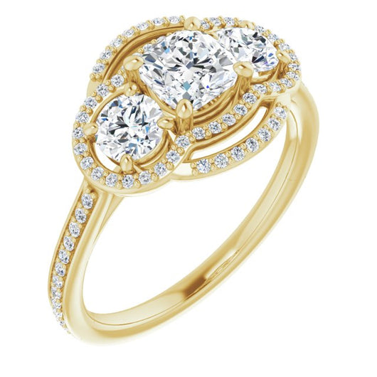 10K Yellow Gold Customizable Enhanced 3-stone Double-Halo Style with Cushion Cut Center and Thin Band