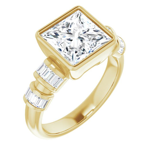 10K Yellow Gold Customizable Bezel-set Princess/Square Cut Design with Quad Horizontal Band Sleeves of Baguette Accents