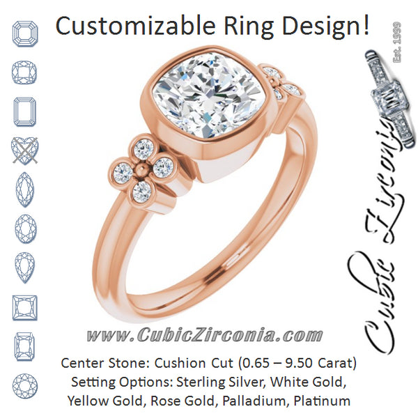 Cubic Zirconia Engagement Ring- The Kjerstin Rose (Customizable 9-stone Bezel-set Cushion Cut Design with Quad Round Bezel Side Stones Each Side)