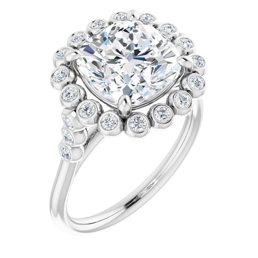 10K White Gold Customizable Cushion Cut Cathedral-Style Clustered Halo Design with Round Bezel Accents