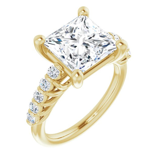 10K Yellow Gold Customizable Princess/Square Cut Style with Round Bar-set Accents