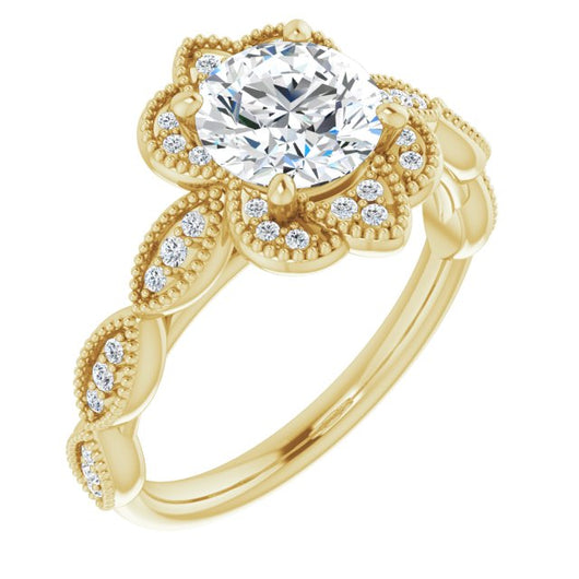 10K Yellow Gold Customizable Cathedral-style Round Cut Design with Floral Segmented Halo & Milgrain+Accents Band