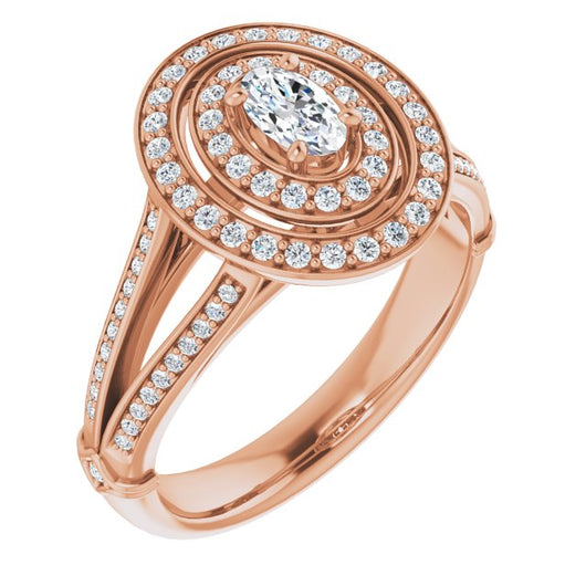 10K Rose Gold Customizable Cathedral-set Oval Cut Design with Double Halo, Wide Split-Shared Prong Band and Side Knuckle Accents