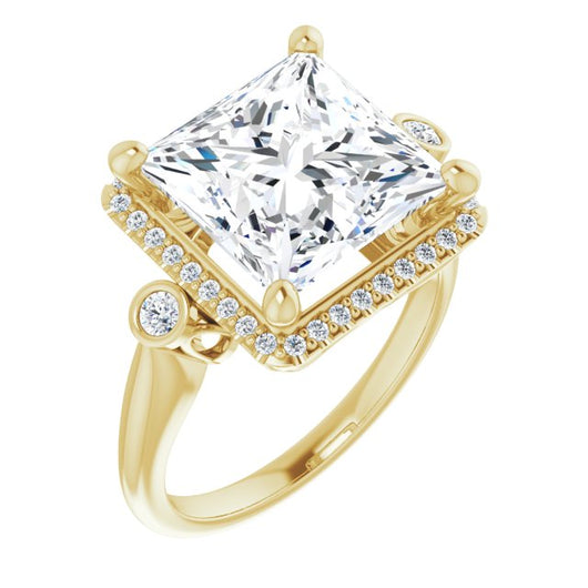 10K Yellow Gold Customizable Princess/Square Cut Style with Halo and Twin Round Bezel Accents