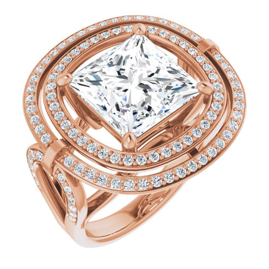 10K Rose Gold Customizable Cathedral-set Princess/Square Cut Design with Double Halo & Accented Ultra-wide Horseshoe-inspired Split Band