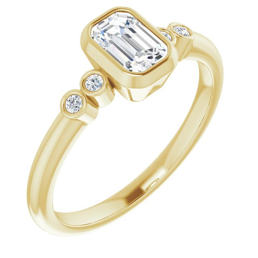 10K Yellow Gold Customizable 5-stone Bezel-set Emerald/Radiant Cut Design with Quad Round-Bezel Side Stones