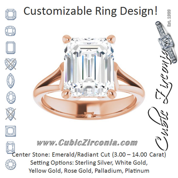 Cubic Zirconia Engagement Ring- The Frankie (Customizable Cathedral-Raised Emerald Cut Solitaire with Angular Chevron Split Band)