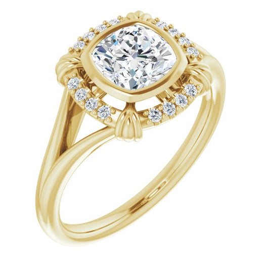 10K Yellow Gold Customizable Cushion Cut Design with Split Band and "Lion's Mane" Halo