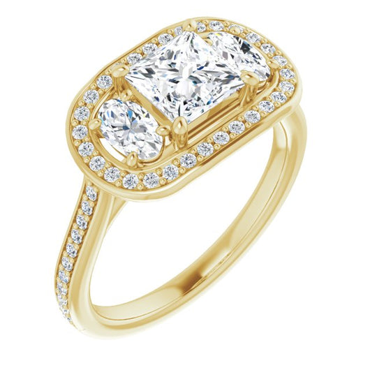 10K Yellow Gold Customizable Princess/Square Cut Style with Oval Cut Accents, 3-stone Halo & Thin Shared Prong Band