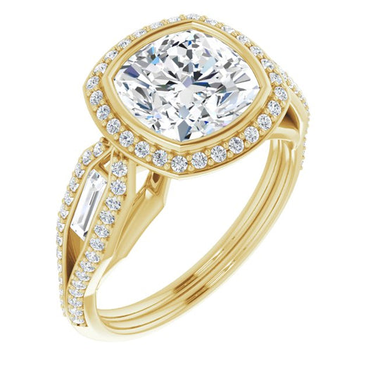 10K Yellow Gold Customizable Cathedral-Bezel Cushion Cut Design with Halo, Split-Pavé Band & Channel Baguettes