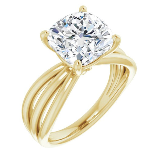 10K Yellow Gold Customizable Cushion Cut Solitaire Design with Wide, Ribboned Split-band