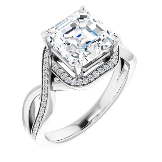 10K White Gold Customizable Bypass-Halo-Accented Asscher Cut Center with Twisting Split Shared Prong Band