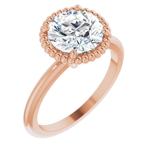 18K Rose Gold Customizable Round Cut Solitaire with Beaded Metallic Milgrain