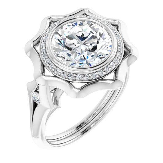 10K White Gold Customizable Bezel-set Round Cut with Halo & Oversized Floral Design