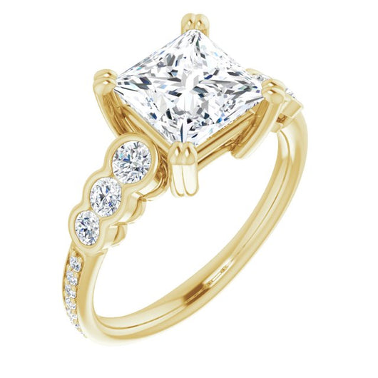 10K Yellow Gold Customizable Princess/Square Cut 7-stone Style Enhanced with Bezel Accents and Shared Prong Band