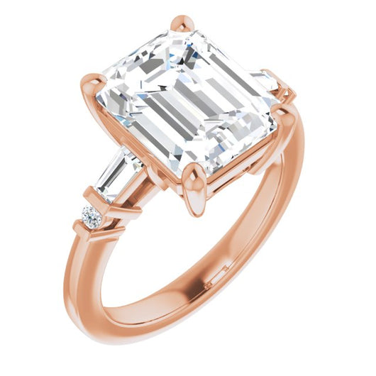 10K Rose Gold Customizable 5-stone Baguette+Round-Accented Emerald/Radiant Cut Design)