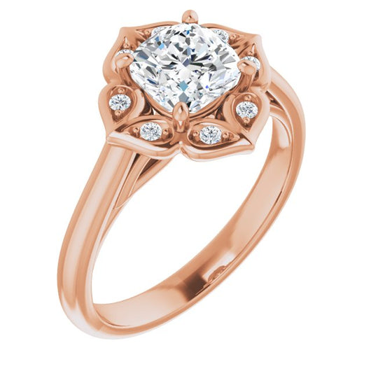 10K Rose Gold Customizable Cathedral-raised Cushion Cut Design with Star Halo & Round-Bezel Peekaboo Accents