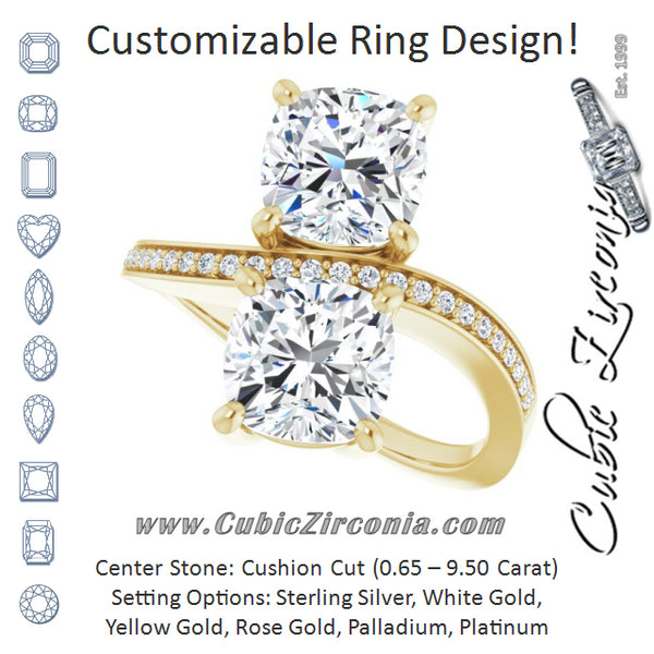 Cubic Zirconia Engagement Ring- The Ellie (Customizable 2-stone Cushion Cut Bypass Design with Thin Twisting Shared Prong Band)