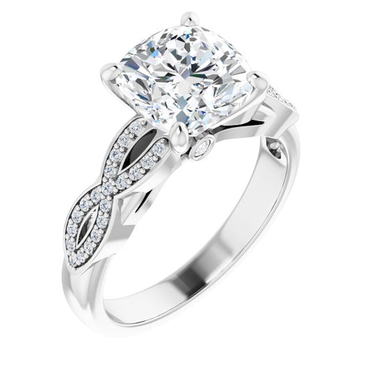 10K White Gold Customizable Cushion Cut Design featuring Infinity Pavé Band and Round-Bezel Peekaboos