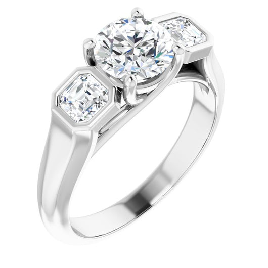 10K White Gold Customizable 3-stone Cathedral Round Cut Design with Twin Asscher Cut Side Stones