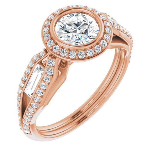 10K Rose Gold Customizable Cathedral-Bezel Round Cut Design with Halo, Split-Pavé Band & Channel Baguettes