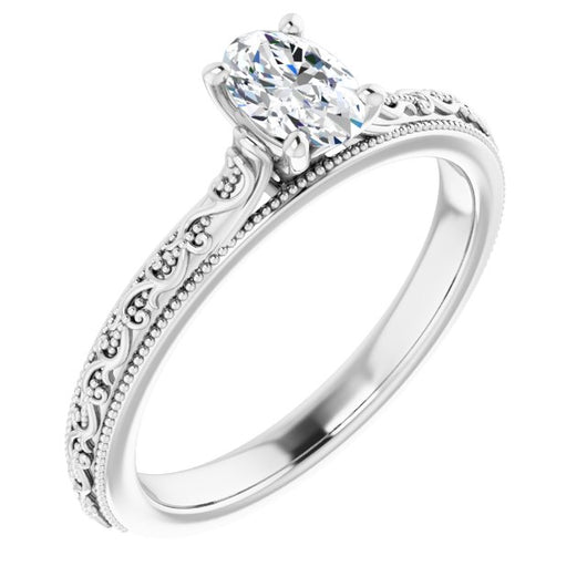 10K White Gold Customizable Oval Cut Solitaire with Delicate Milgrain Filigree Band