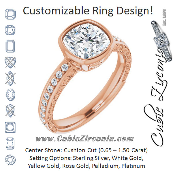 Cubic Zirconia Engagement Ring- The Araceli (Customizable Bezel-set Cushion Cut Design with Cloud-pattern Band & Semi-Eternity Accents)