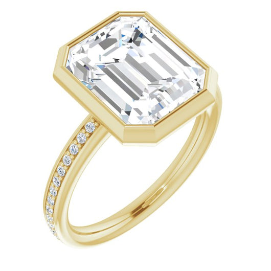 10K Yellow Gold Customizable Bezel-Set Emerald/Radiant Cut Center with Thin Shared Prong Band