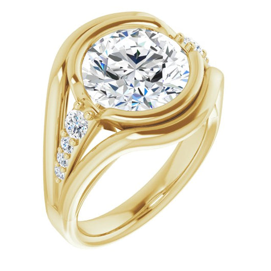 10K Yellow Gold Customizable 9-stone Round Cut Design with Bezel Center, Wide Band and Round Prong Side Stones