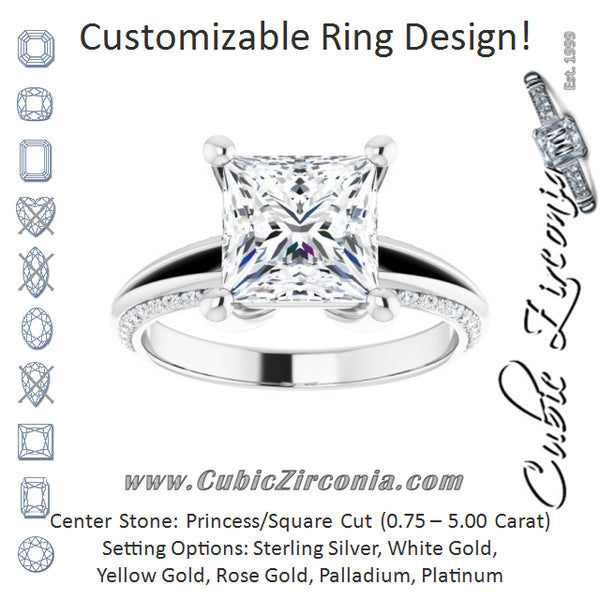 Cubic Zirconia Engagement Ring- The Apryl (Customizable Princess/Square Cut Center with 4-sided-Accents Knife-Edged Split-Band)