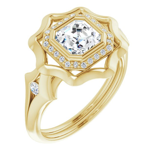 10K Yellow Gold Customizable Bezel-set Asscher Cut with Halo & Oversized Floral Design