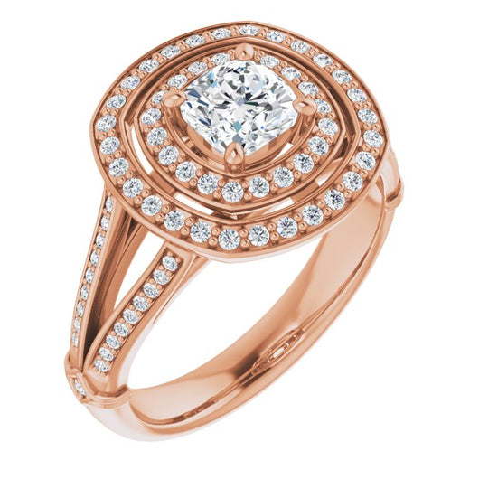 10K Rose Gold Customizable Cathedral-set Cushion Cut Design with Double Halo, Wide Split-Shared Prong Band and Side Knuckle Accents