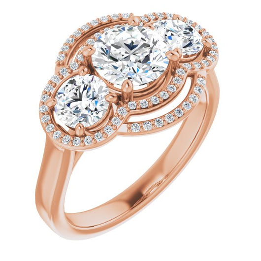 10K Rose Gold Customizable Cathedral-set Enhanced 3-stone Round Cut Design with Multidirectional Halo