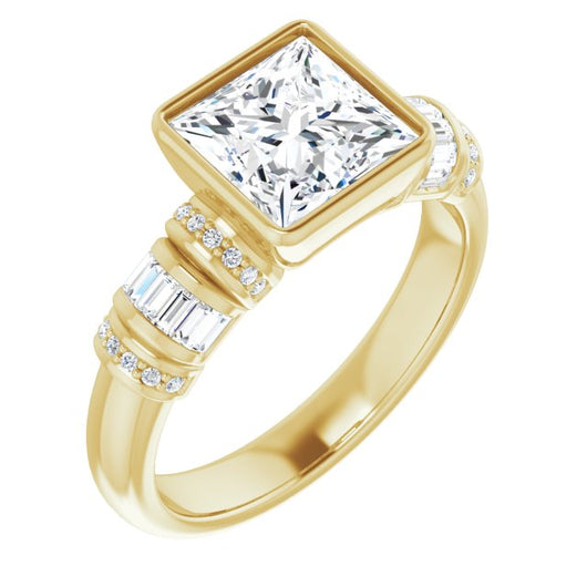 10K Yellow Gold Customizable Bezel-set Princess/Square Cut Setting with Wide Sleeve-Accented Band