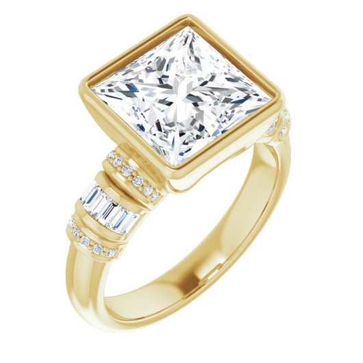 10K Yellow Gold Customizable Bezel-set Princess/Square Cut Setting with Wide Sleeve-Accented Band