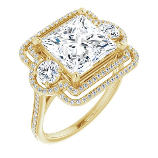 10K Yellow Gold Customizable Enhanced 3-stone Double-Halo Style with Princess/Square Cut Center and Thin Band