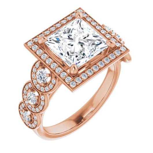 10K Rose Gold Customizable Cathedral-set Princess/Square Cut 7-stone style Enhanced with 7 Halos