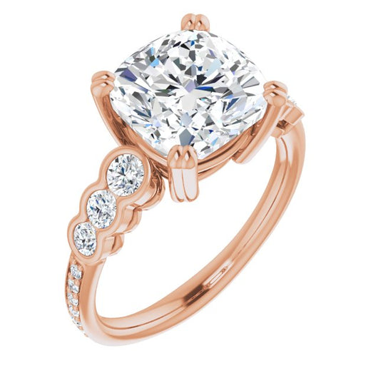 10K Rose Gold Customizable Cushion Cut 7-stone Style Enhanced with Bezel Accents and Shared Prong Band