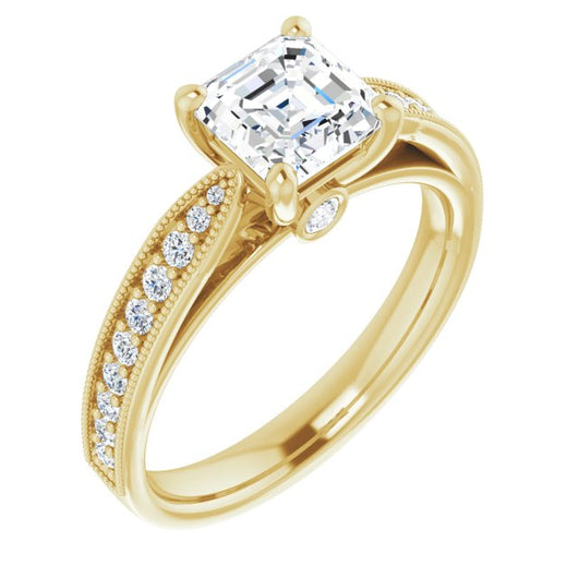 10K Yellow Gold Customizable Asscher Cut Style featuring Milgrained Shared Prong Band & Dual Peekaboos